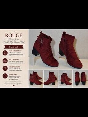 ROUGE Fuax Suede Buckle Zip Bootie Heel 7.5
